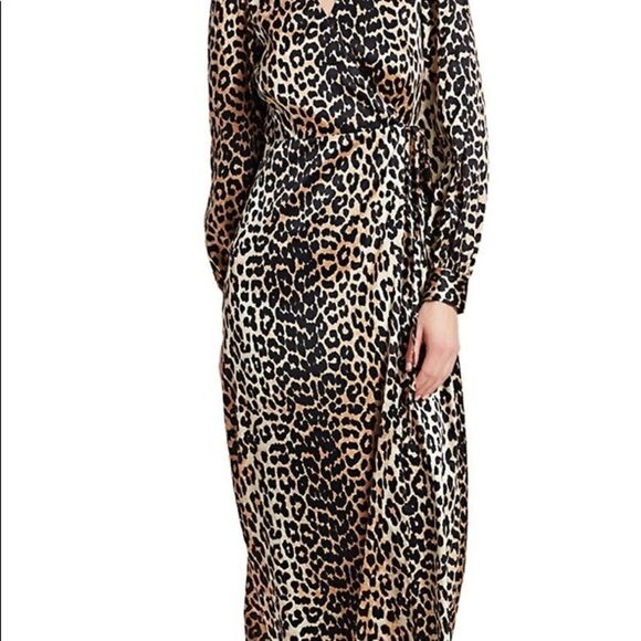 GANNI Stretch Silk Satin Leopard Wrap Dress, 4 - Picture 2 of 6